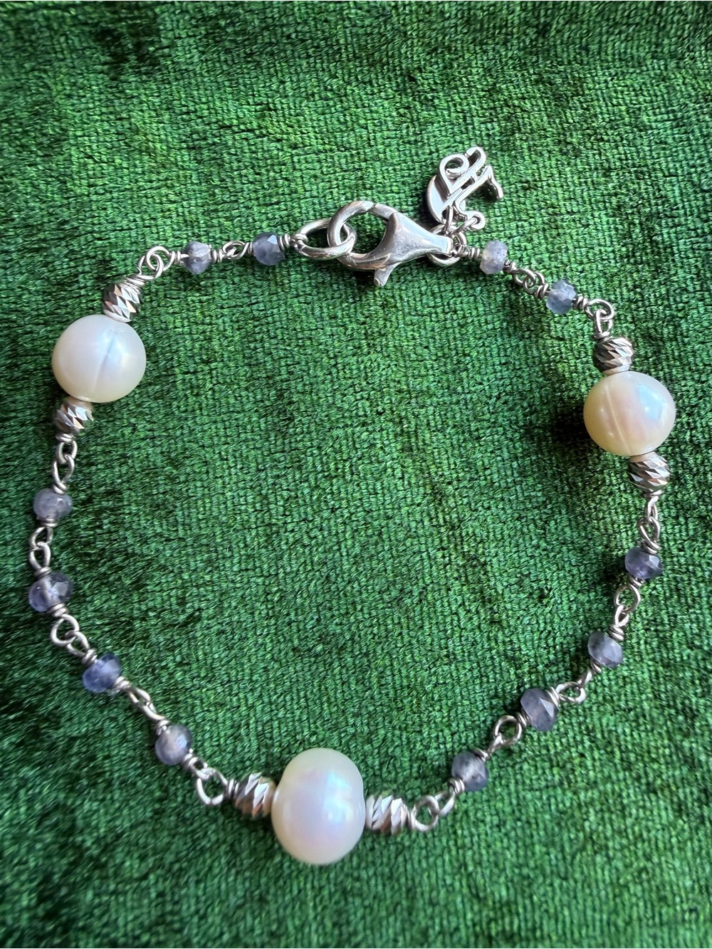 Sterling Silver 925 Freshwater Pearl & Blue Tanzanite Iolite Beaded Bracelet